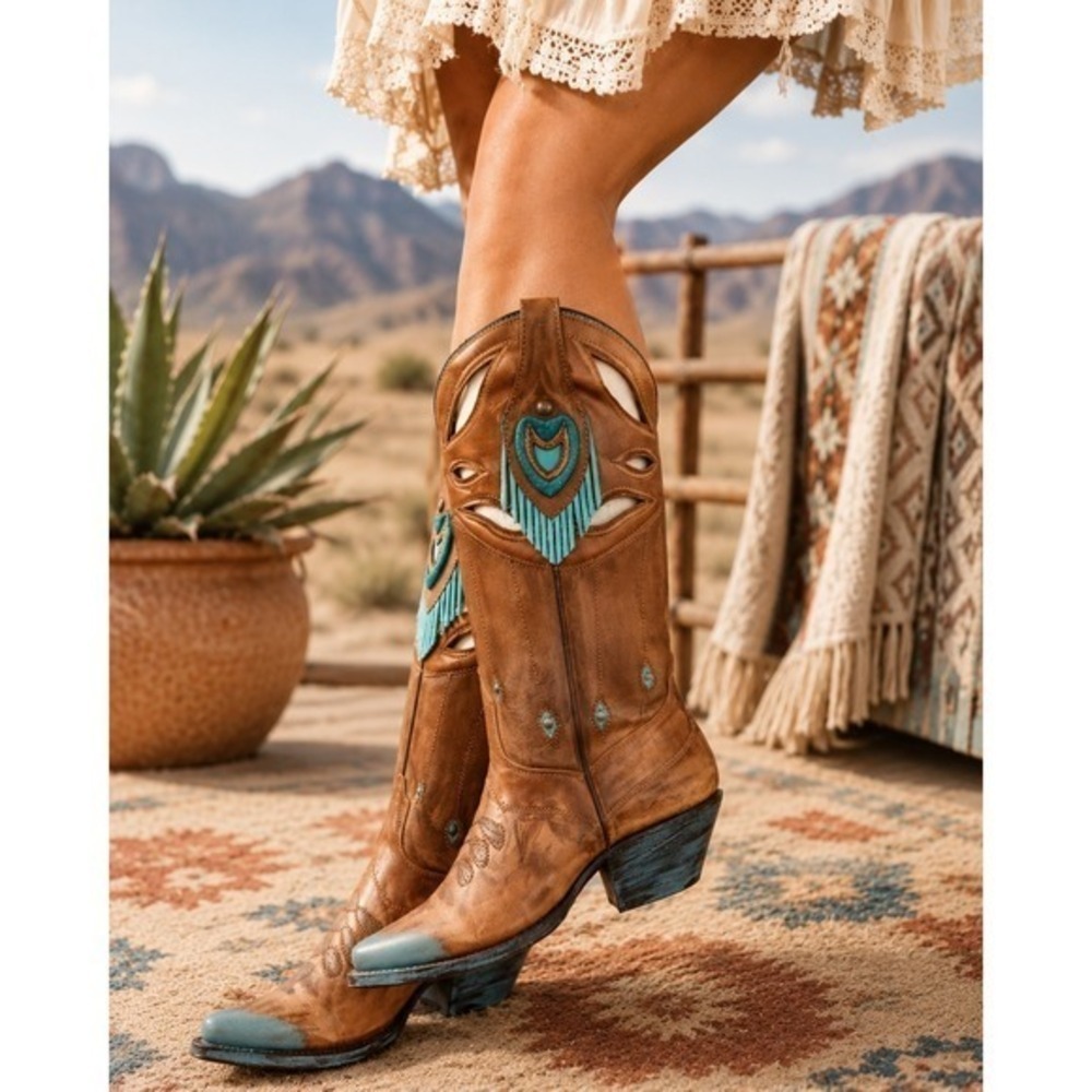 Corral Cowboy Boots 5.5 NWT Brown Leather Turquoise Inlay Cutout Fringe Western